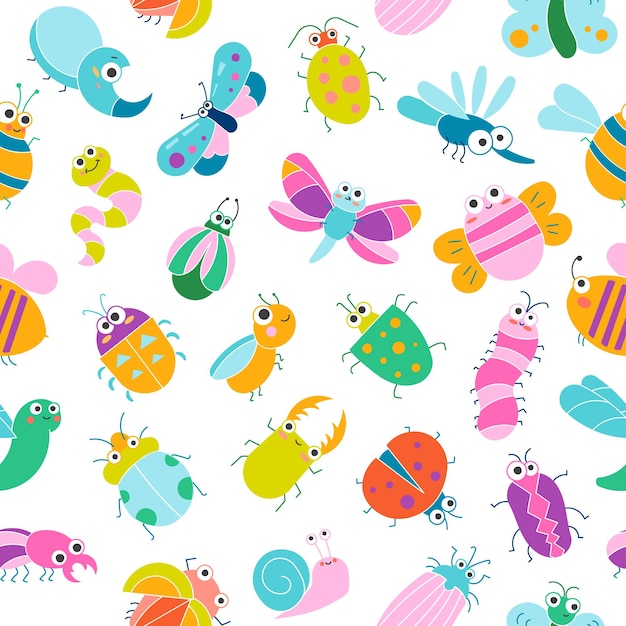 Insectos lindos personajes de dibujos animados patrón sin costuras