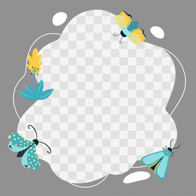 Insectos, mariposas, escarabajos, flores. marco de vector en forma de una mancha en un estilo de dibujos animados plana. plantilla para fotos infantiles, postales, invitaciones.