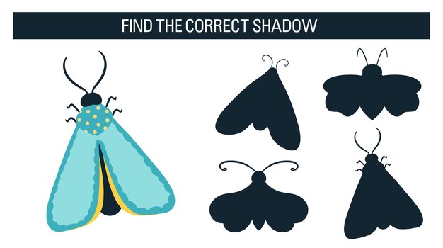 Insectos, mariposas, polillas. Find the right shadow, un juego educativo para niños. Estilo de dibujos animados de ilustración vectorial