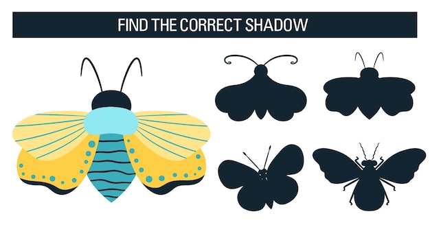Insectos, mariposas, polillas. Find the right shadow, un juego educativo para niños. Estilo de dibujos animados de ilustración vectorial