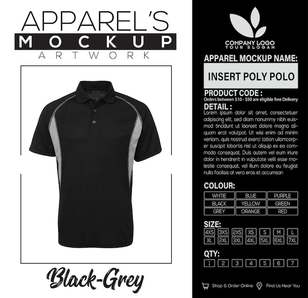 Inserción de diseño de maquetes de prendas de vestir poly polo blackgrey