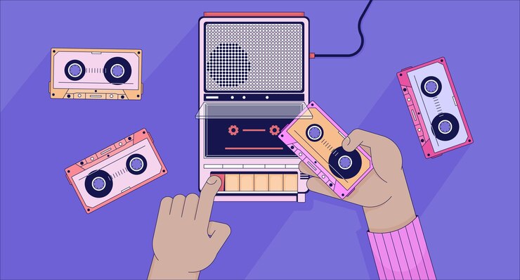 Vector insertar cinta de casete en el papel tapiz del reproductor lofi escuchar música años 80 manos 2d ilustración plana de dibujos animados poner cinta dentro del dispositivo grabador enfriamiento arte vectorial lo fi estético fondo colorido