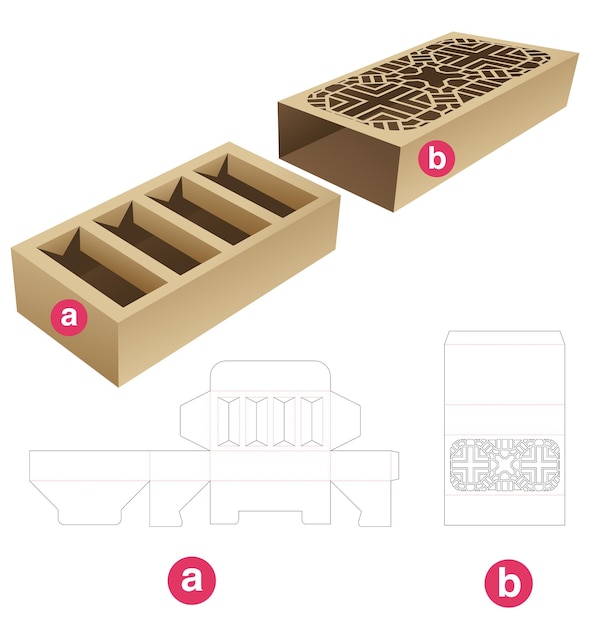 Inserte la caja de apoyo con la plantilla troquelada de la cubierta del patrón estampado y la maqueta 3d