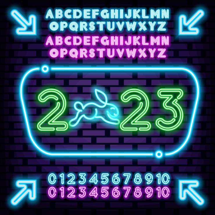 Vector insignia del alfabeto de feliz año nuevo y feliz navidad 2023 en estilo neón brillando con luz de neón colorida arte ligero
