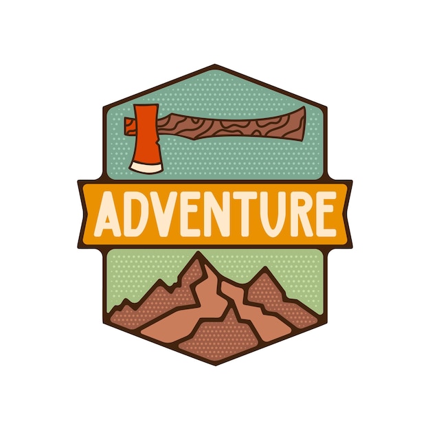 Insignia de aventura al aire libre Etiqueta de aventura de acampada en estilo retro Gráficos de logotipo de montaña para camiseta Obra artística vectorial de stock con hacha