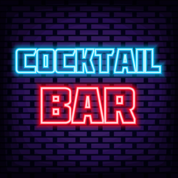 Insignia de bar de cócteles en estilo neón Sobre fondo de pared de ladrillo Anuncio letrero de neón