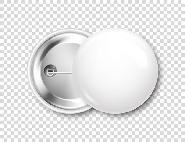 Insignia blanca y en blanco realista botón redondo brillante en 3D maqueta de insignia de alfiler ilustración vectorial
