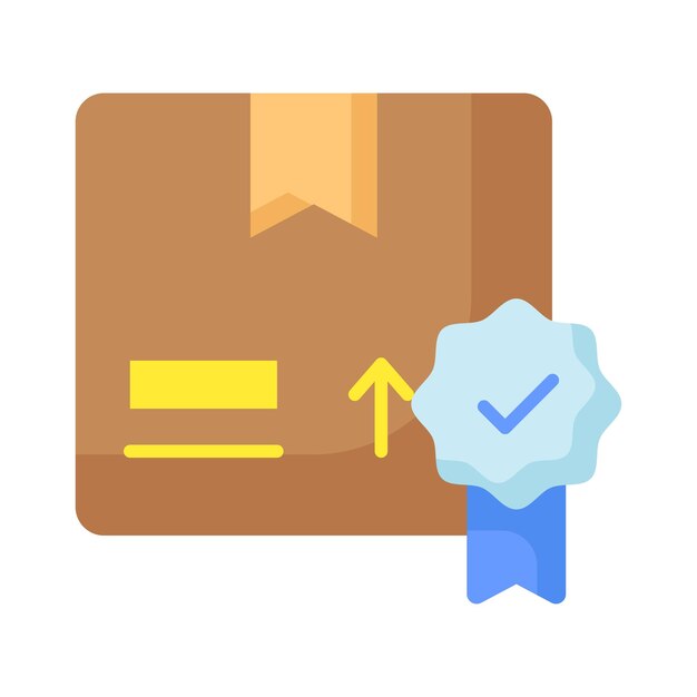 Insignia de calidad con caja de paquetes que muestra el icono conceptual del control de calidad de la calidad del paquete
