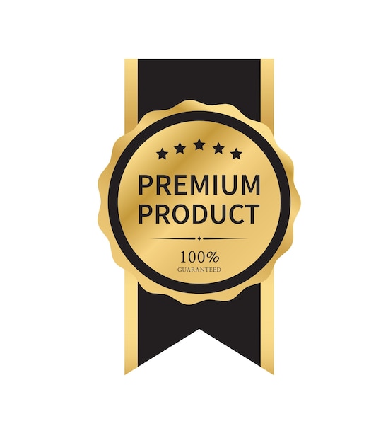 Vector insignia de calidad de producto premium medalla vectorial de oro aislada sobre fondo blanco calidad garantizada 100