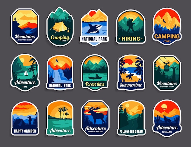 Insignia de campamento al aire libre Dibujos animados retro naturaleza viaje y exploración emblema Pegatinas aisladas para senderismo y camping Parche vintage con lago forestal y árboles Logotipo vectorial con elementos de paisaje salvaje