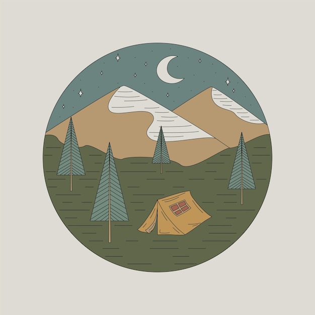 Insignia con una carpa bosque y montañas Camping concepto recreación al aire libre