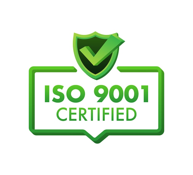 Insignia de certificación ISO 9001, icono. Sello de certificación. Ilustración de vector de diseño plano.