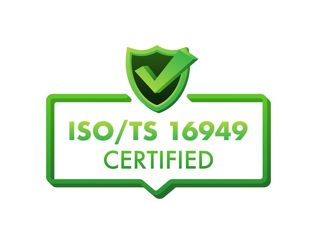 Insignia de certificación ISO TS 16949, icono. Sello de certificación. Ilustración de vector de diseño plano.