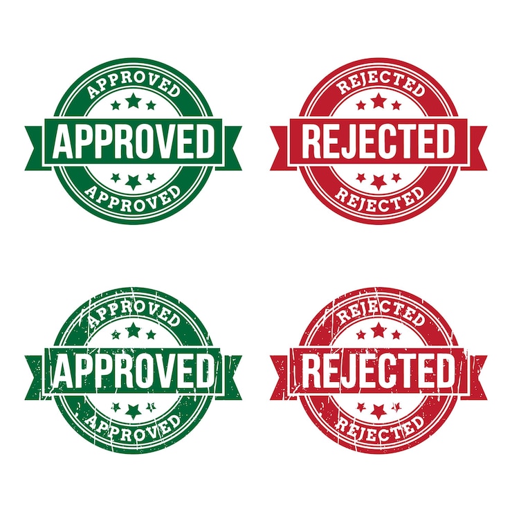Vector insignia de certificación verde y roja con cinta del vector de sello de goma aprobado y rechazado