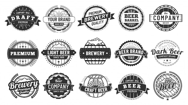 Insignia de cervecería. proyecto de emblema de barril de cerveza, insignias de círculo retro y emblemas de calidad conjunto de sellos de logotipo vintage hipster