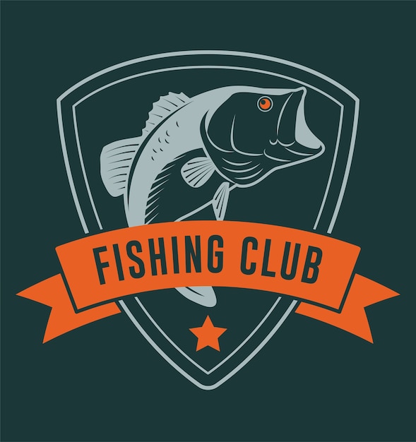 Vector insignia de club de pesca con cinta y pez bajo