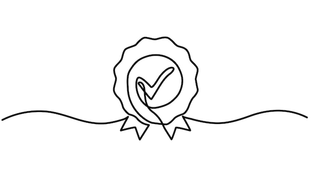 Insignia de concesión con marca de comprobación dibujo continuo de una línea señal de línea de onda de contorno de cinta de comprobación de aprobación