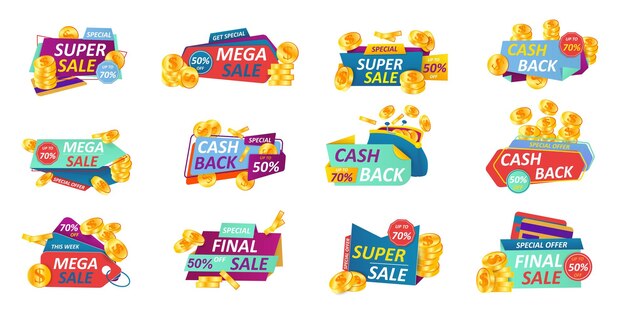 Insignia de devolución de dinero Banderas de develación de dinero con tarjeta de crédito y reembolso Pilas de monedas de oro Etiquetas de etiquetas de promoción de ventas Descuentos y ofertas especiales Stickers Devolución de dinero Conjunto de iconos de economía vectorial