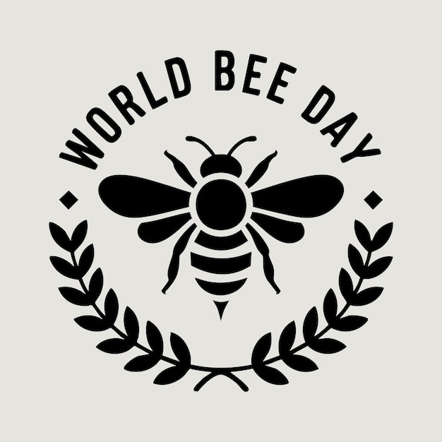 Insignia del Día Mundial de las Abejas diseño sello circular con icono de abeja y hojas de laurel silueta negra en blanco
