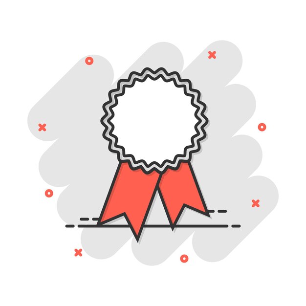 Insignia de dibujos animados de vector con icono de cinta en estilo cómico pictograma de ilustración de signo de medalla de premio Concepto de efecto de salpicadura de negocio de campeón
