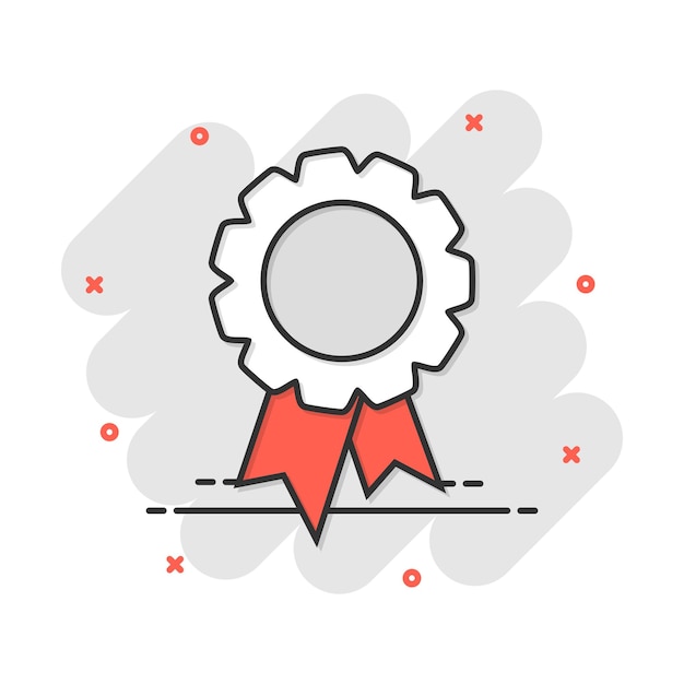 Insignia de dibujos animados de vector con icono de cinta en estilo cómico pictograma de ilustración de signo de medalla de premio Concepto de efecto de salpicadura de negocio de campeón
