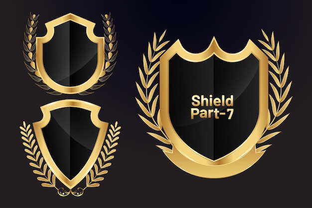 Insignia de escudo dorado con diseño vectorial de hojas doradas