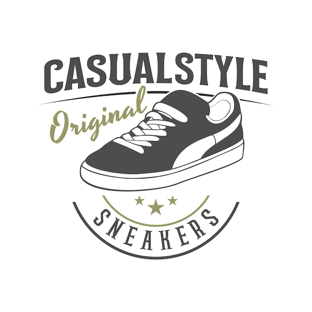 Insignia de estilo universitario vintage con zapatillas de deporte en estilo monocromo aislado ilustración vectorial