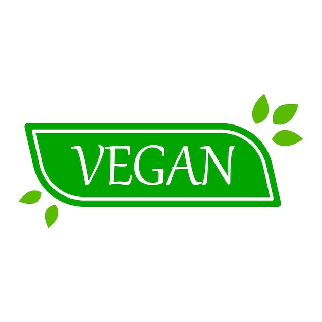 Vector insignia de etiqueta adhesiva de comida vegana y logotipo icono de ecología plantilla de logotipo con hojas verdes para productos veganos ilustración vectorial aislada en fondo blanco