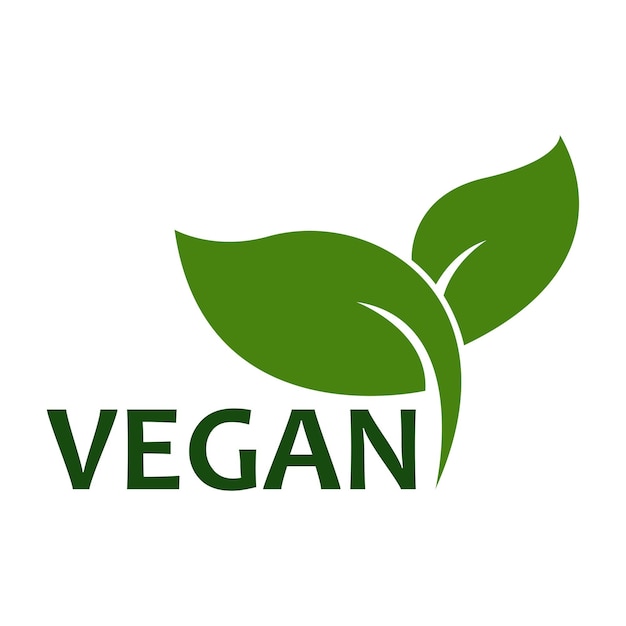 Insignia de etiqueta adhesiva vegana y logotipo Icono de ecología Plantilla de logotipo con hojas verdes para producto vegano Ilustración vectorial aislada en fondo blanco