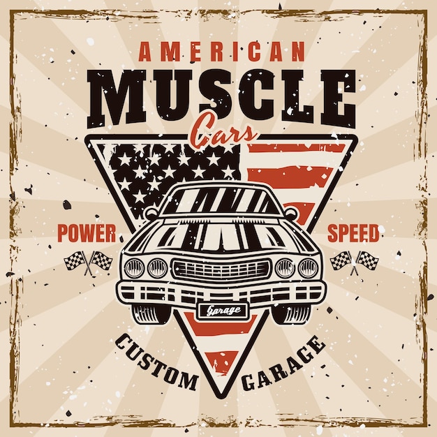 Insignia de etiqueta de emblema vectorial de automóviles musculares o impresión en estilo vintage en fondo con texturas extraíbles grunge