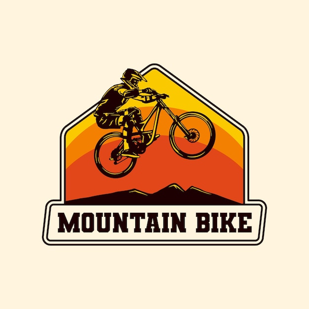 Insignia de etiqueta de logotipo de bicicleta de montaña de aventura cuesta abajo dibujada a mano