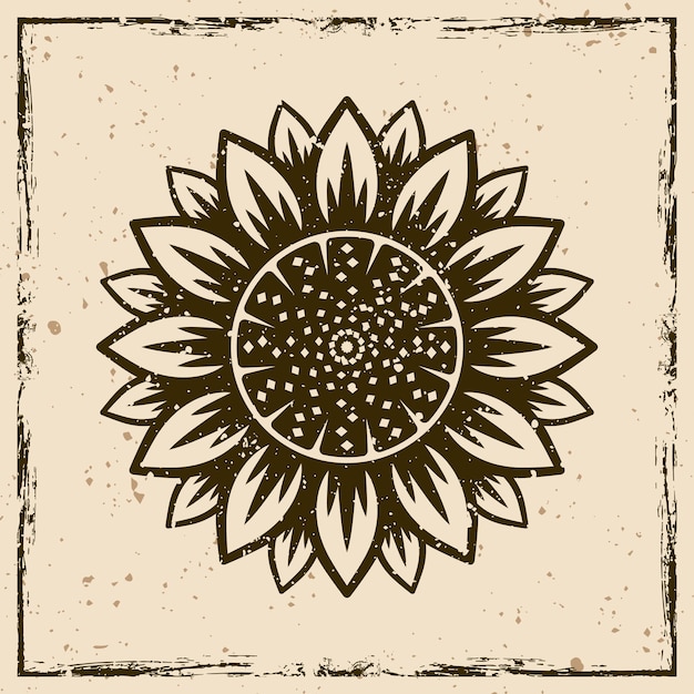 Insignia de etiqueta de vintage vectorial de girasol en el fondo con texturas grunge extraíbles en capas separadas