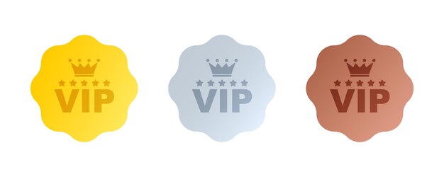 Insignia de etiqueta vip o etiqueta Iconos vip con corona y estrellas Etiqueta redonda con tres niveles vip en color oro plata y bronce Ilustración vectorial moderna