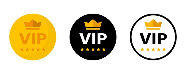 Insignia de etiqueta vip o etiqueta iconos vip con corona y estrellas etiqueta redonda con tres niveles vip en color oro plata y bronce ilustración vectorial moderna