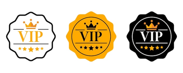 Insignia de etiqueta vip o etiqueta Iconos vip con corona y estrellas Etiqueta redonda con tres niveles vip en color oro plata y bronce Ilustración vectorial moderna