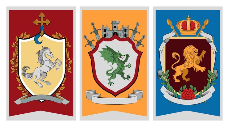 Insignia heráldica plana dibujada a mano con cintas verticales Colección de cartas