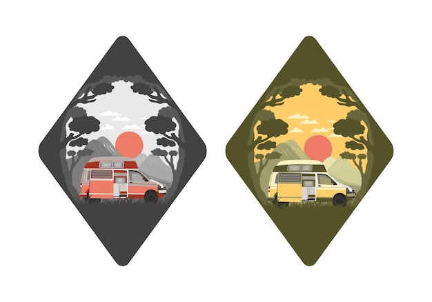 Insignia de ilustración colorida de autocaravana en la naturaleza