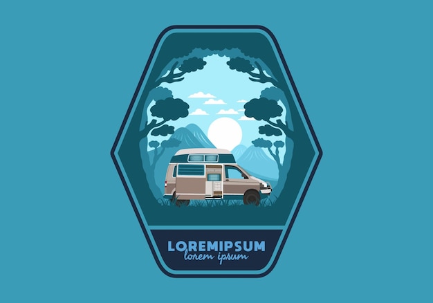 Insignia de ilustración colorida de autocaravana en la naturaleza