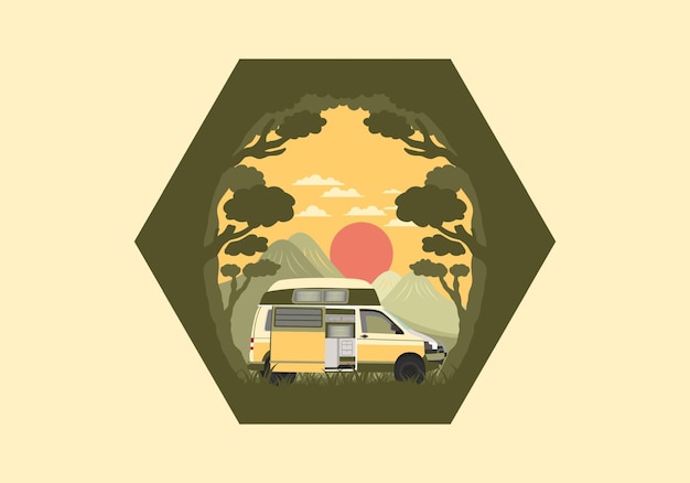 Insignia de ilustración colorida de autocaravana en la naturaleza