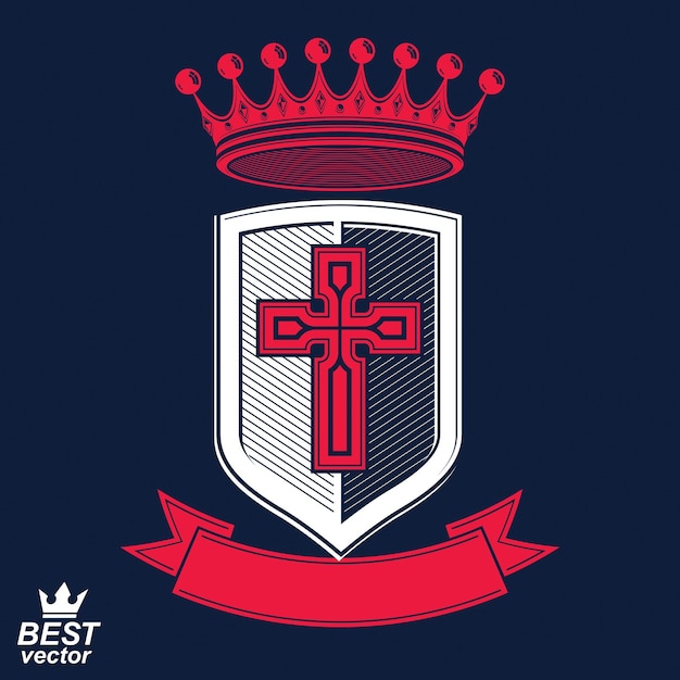 Insignia imperial, escudo real vectorial con banda decorativa y corona monarca. Escudo de armas eps8 detallado, símbolo de la guardia real con cruz - elemento de diseño web. Cruzada.