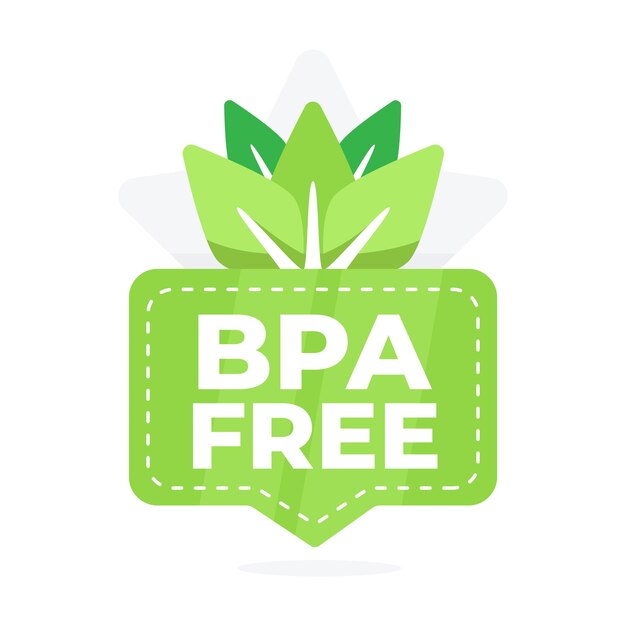 Insignia libre de BPA con gráficos en hojas que indican la ausencia de bisfenol A en los productos