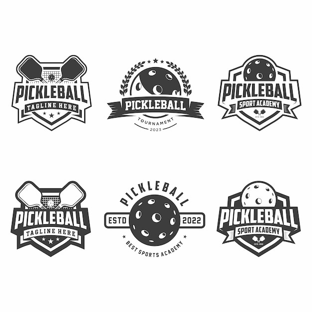 La insignia del logotipo del club de pickleball establece un diseño de pickleball en colores blanco y negro