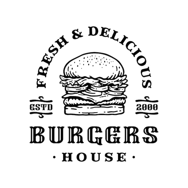 Insignia del logotipo de hamburguesa en diseño vintage