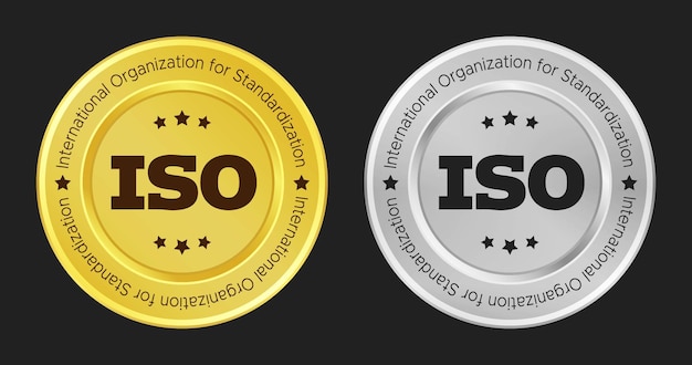 Insignia del logotipo de ISO Organización Internacional para la Estandarización logotipo de oro y plata