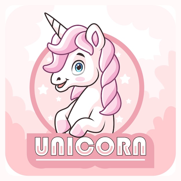 Insignia de logotipo de mascota de unicornio de dibujos animados