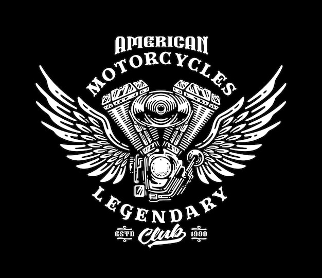 Vector insignia del logotipo del motor de la motocicleta con alas en diseño vintage.