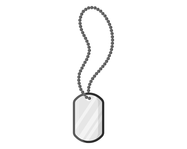 Insignia militar plateada de metal en blanco o colgante de soldado con cadena para identificación y grabado de nombre y tipo de sangre. Concepto militar para ejército, soldados y guerra. Ilustración aislada de dibujos animados vectoriales.