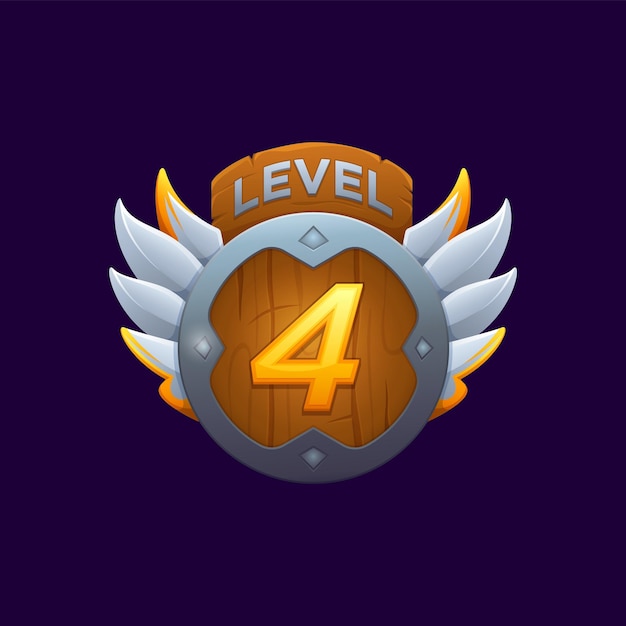 Insignia de nivel de juego icono de recompensa vectorial de dibujos animados con escudo de madera redondo, alas de acero extendidas y número cuatro brillante elemento de aplicación ui aislado botón de premio de cuarto nivel exitoso premio ganador