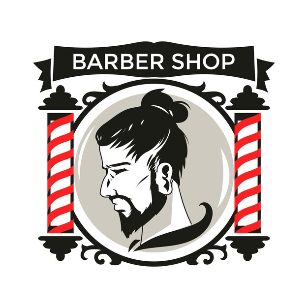 Insignia o emblema de barbería con poste de barbero en estilo vintage