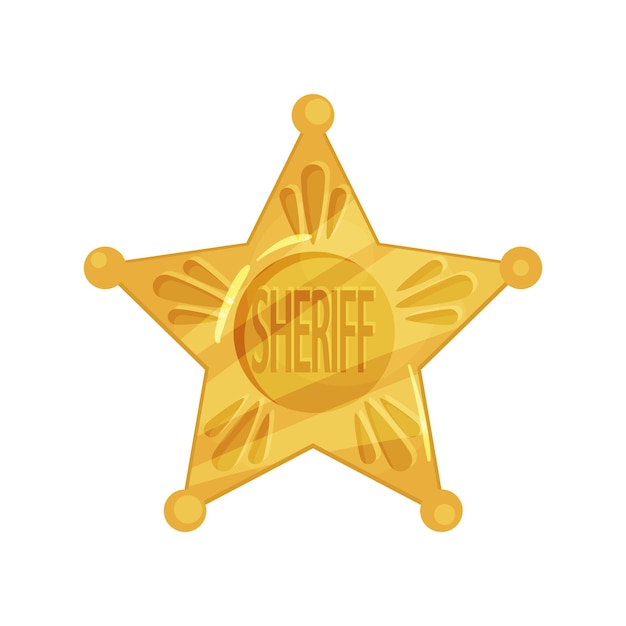 Insignia de oro del sheriff aislada sobre fondo blanco. forma de icono amarillo vintage de estrella de cinco puntas. emblema de policía. ficha de policía. icono de policía en estilo de dibujos animados. ilustración de vector de diseño plano.